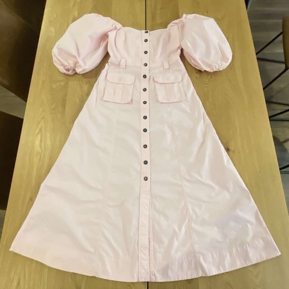 GANNI Puff Sleeve Button Down Dress Women's Pink Ripstop Fabric Size 34 US SZ 6* - Picture 3 of 14